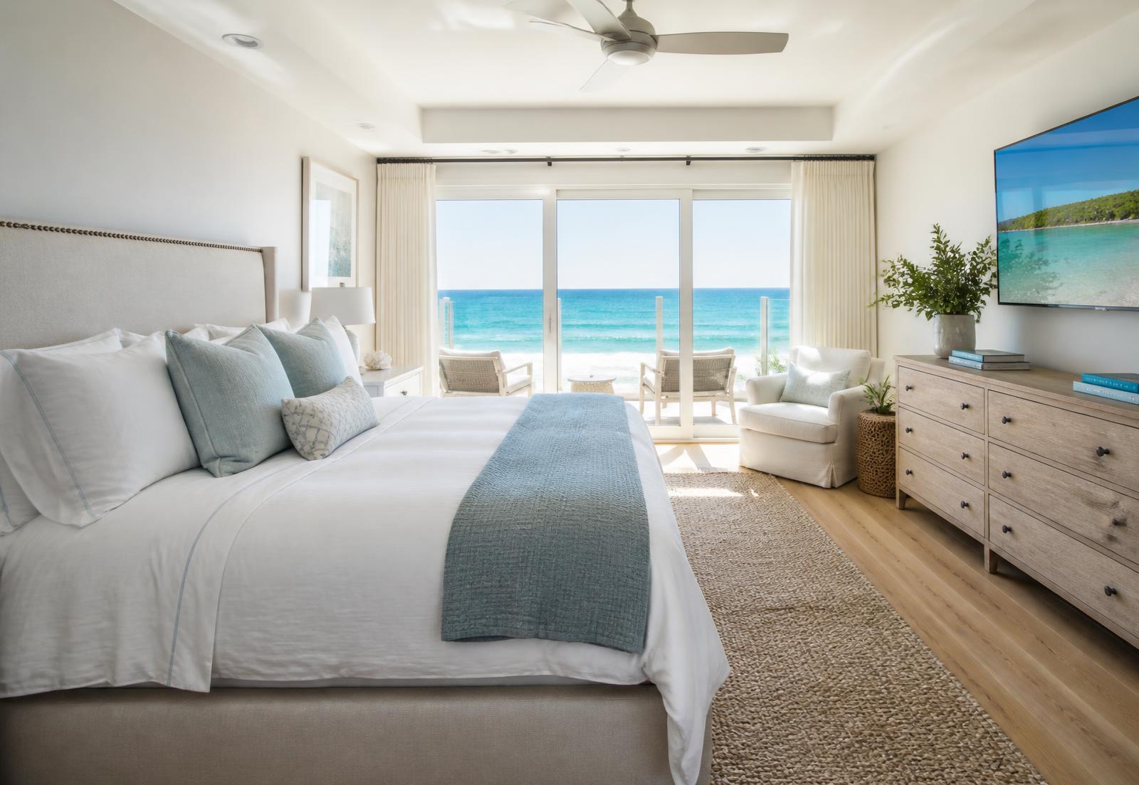 Master bedroom with king bed, ocean views and direct porch access