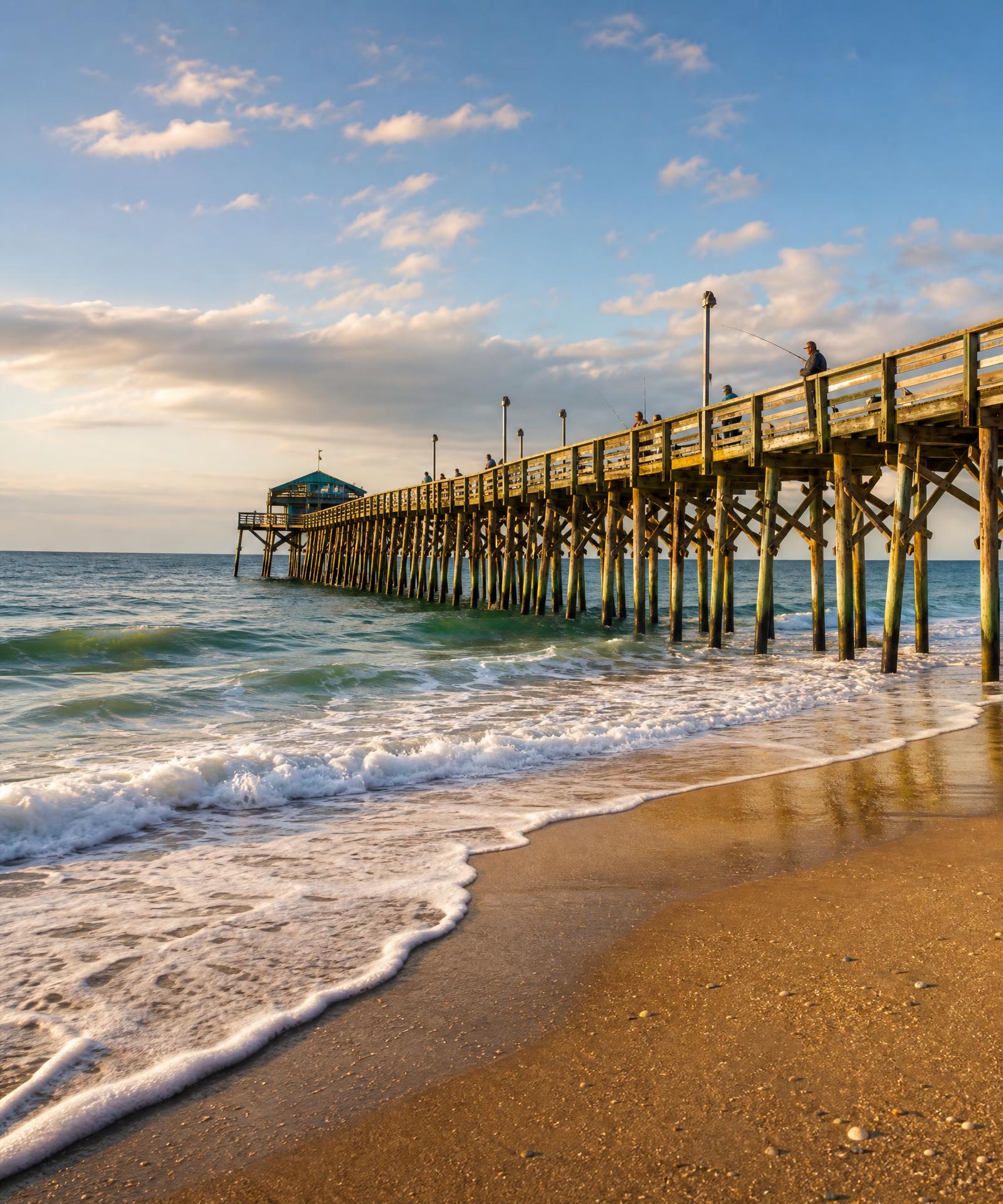 The Surfside Beach fishing pier stretching over the Atlantic at golden hour, two blocks from the condo